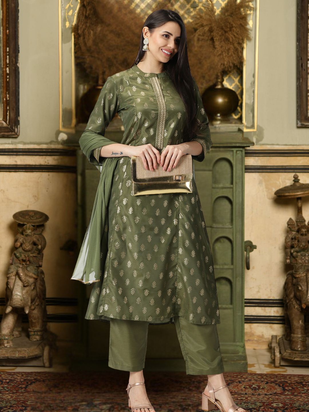 Olive Green Ethnic Motifs Gold Printed Kurta with Trousers & Dupatta