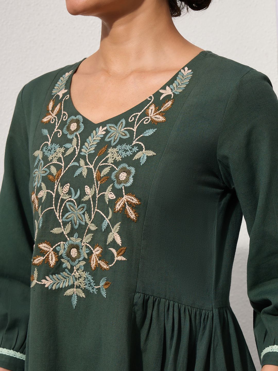 Hunter Green Embroidered Cotton-Linen Dress