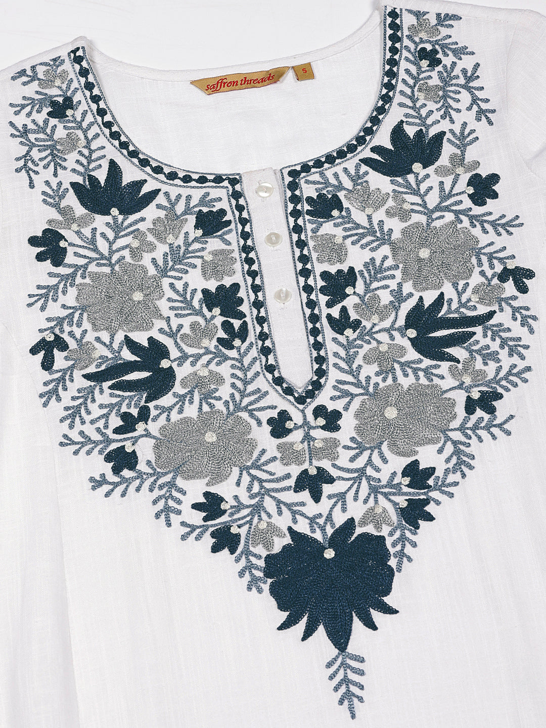 White Slub Kurta with Kashida Embroidery