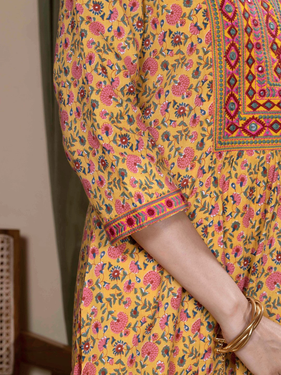 Marigold Ochre Sanganeri Print Kurta with Embroidered Yoke