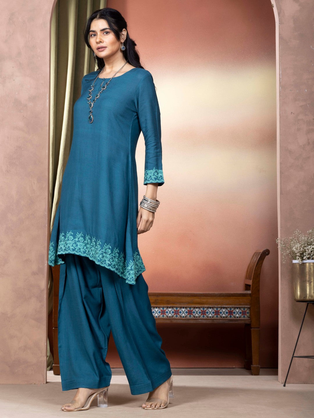 Transformative Teal Embroidered A-Line Kurta with Farshi Salwar