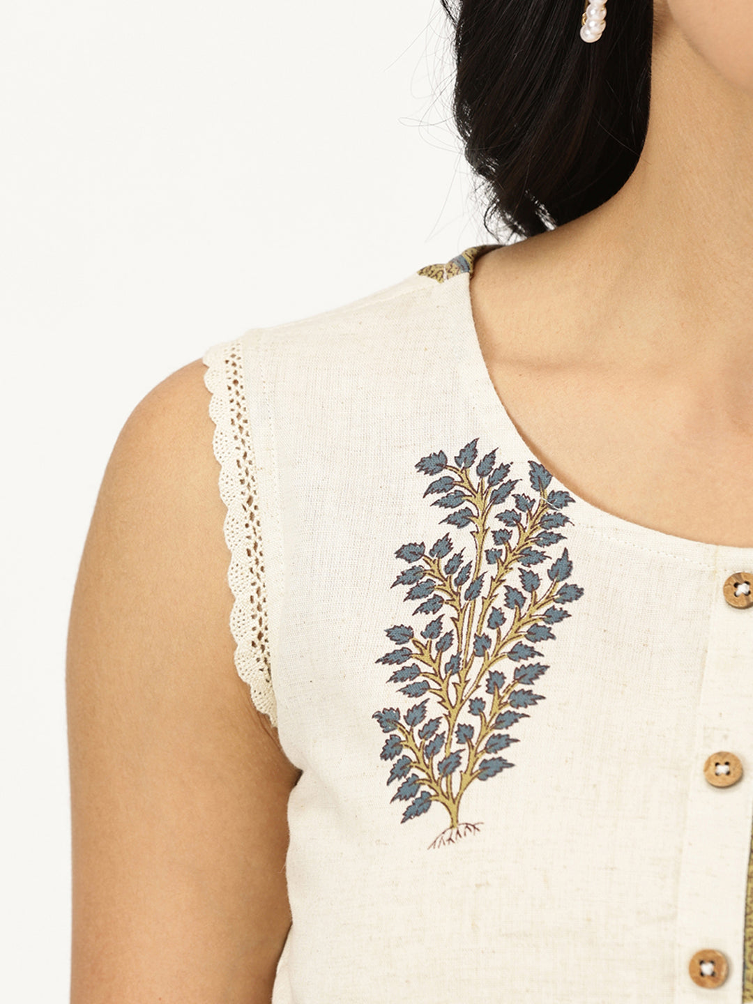 Natural Mughal Print Top with Lace Inserts