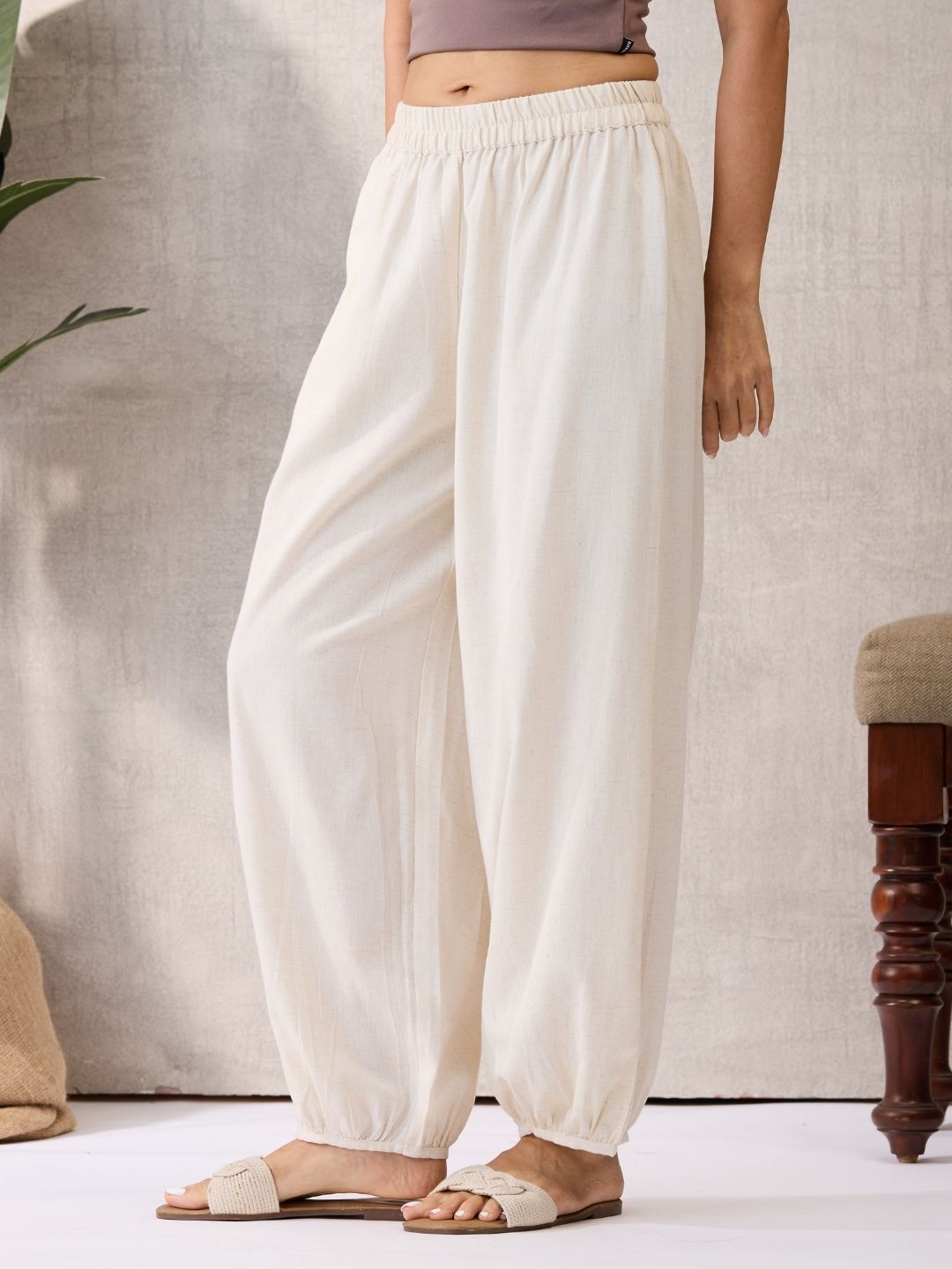 Off White Cotton Linen Piping Hem Palazzo with Pocket