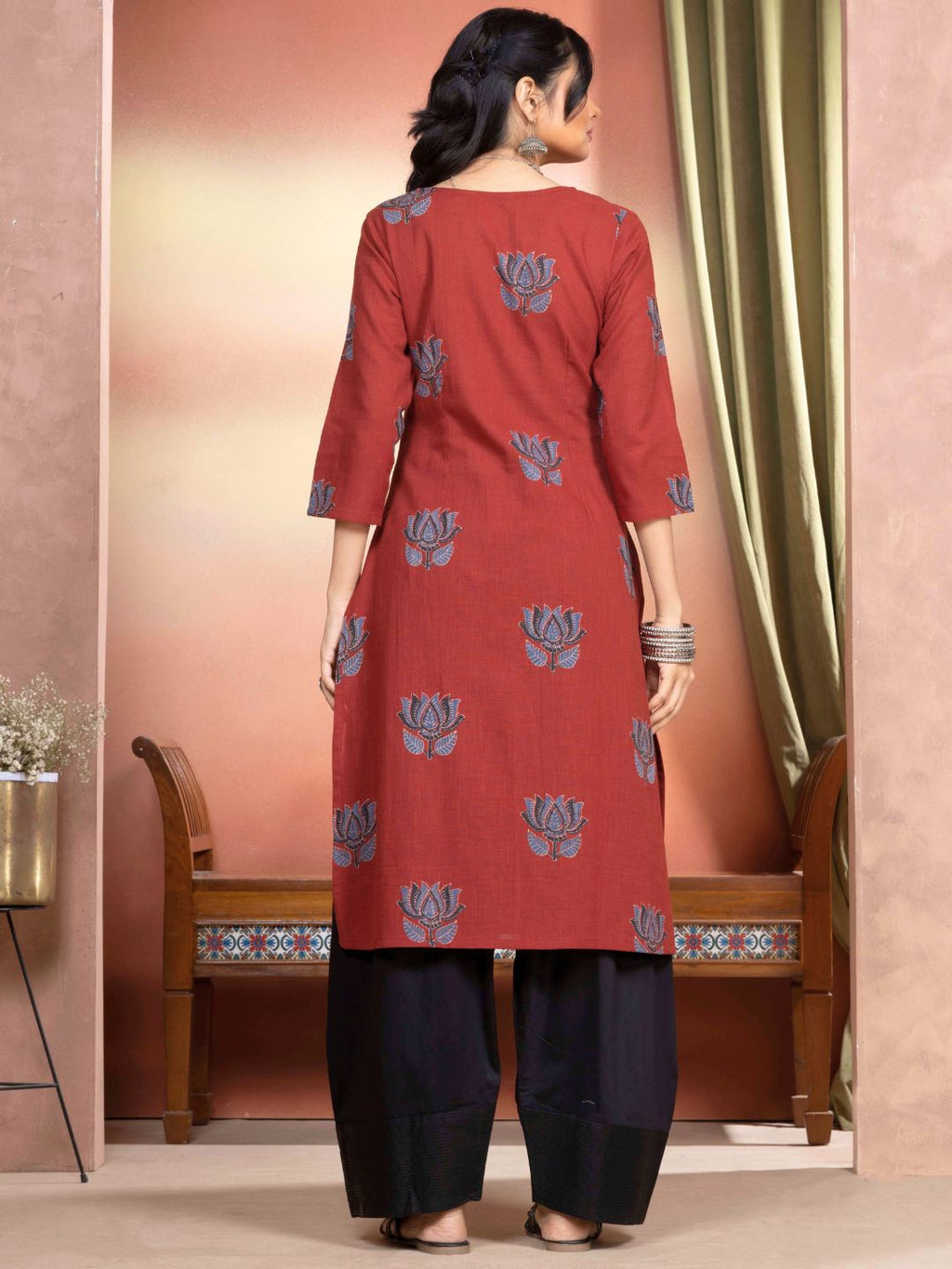 Rust Cotton Motif Print Straight Kurta with Embroidered Neckline