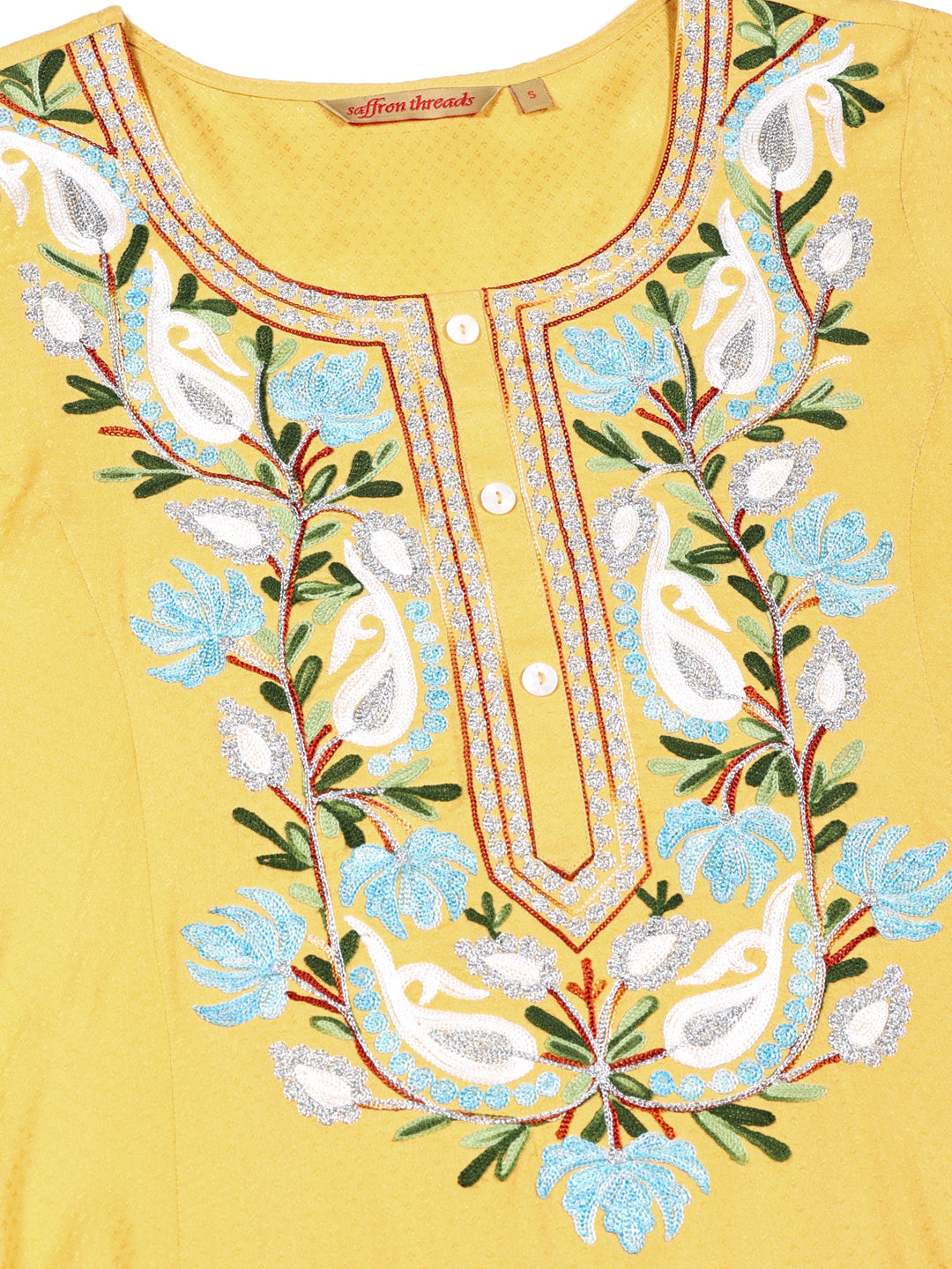 Yellow Self Design Kurta with Kashida Embroidery
