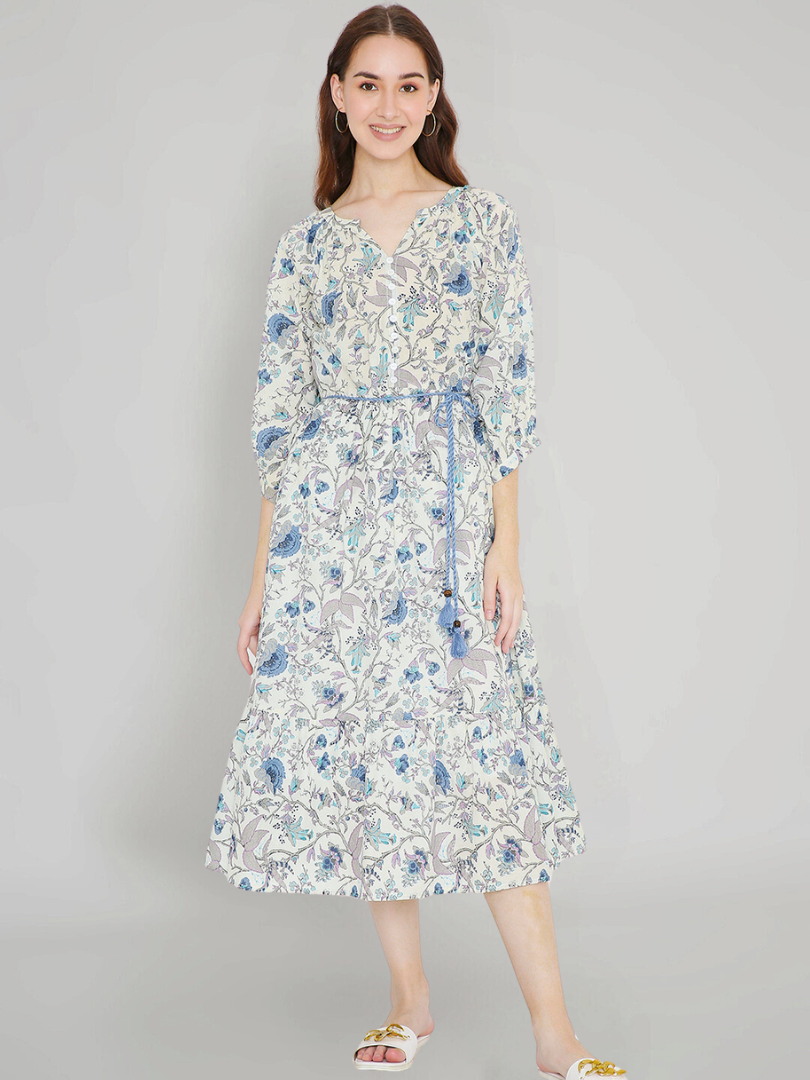 White Tropical Print Boho Midi Dress