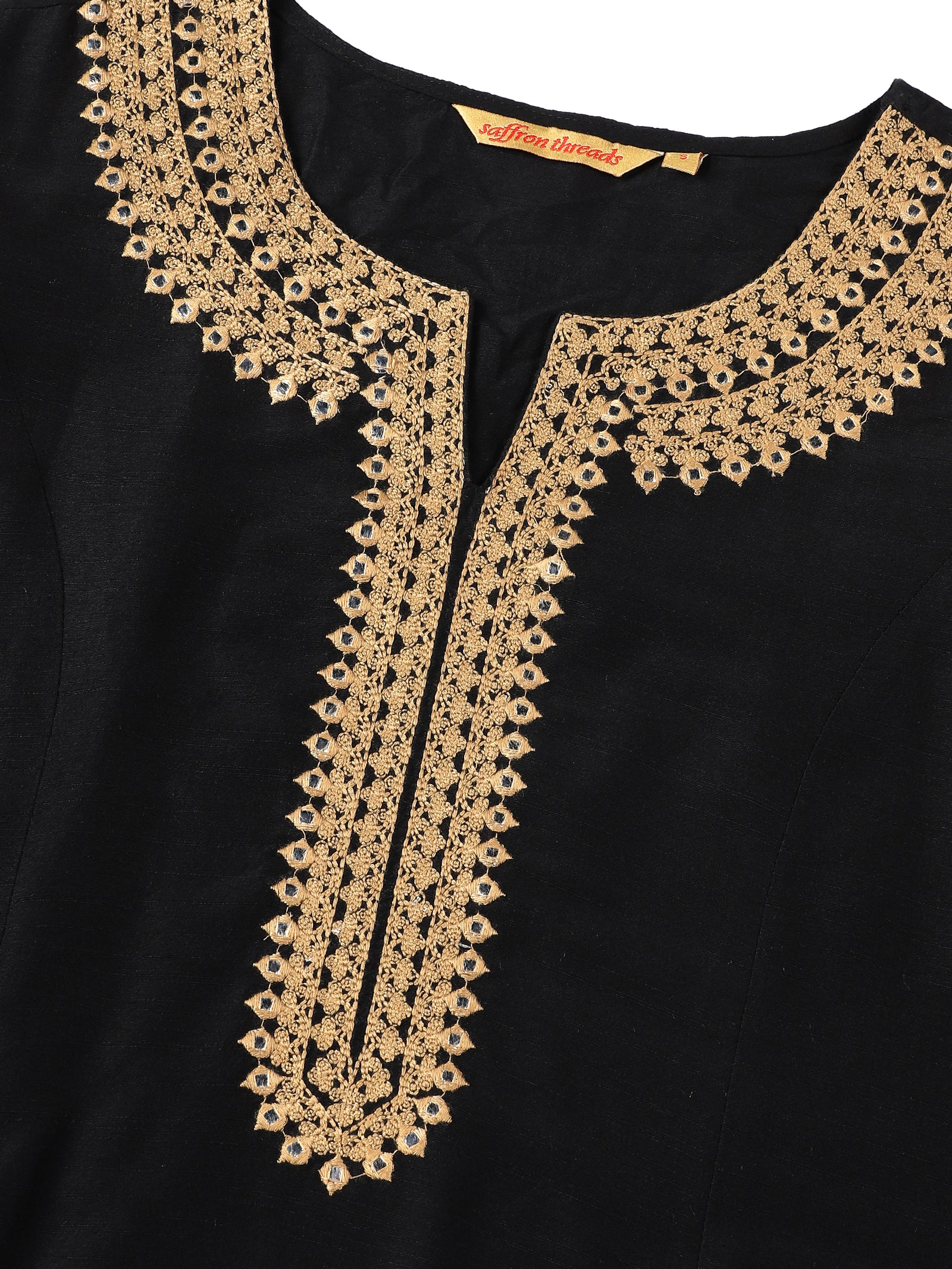 Black Art Silk Kurta Set with Embroidery & Lace Details