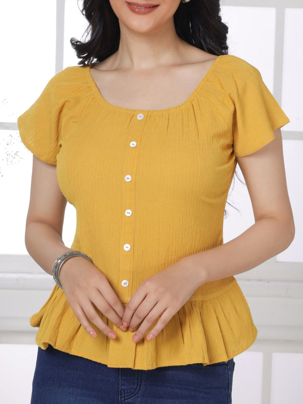 Bee Yellow Crinkled Peplum Top