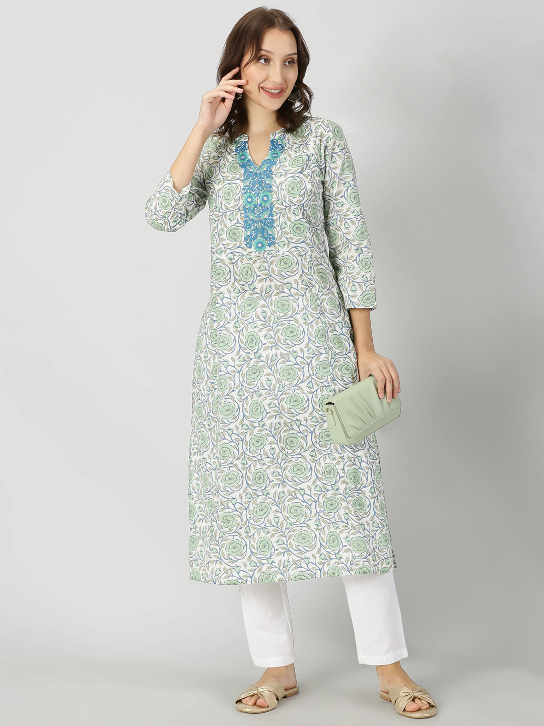 White-Green Floral Print Kurta with Neck Embroidery