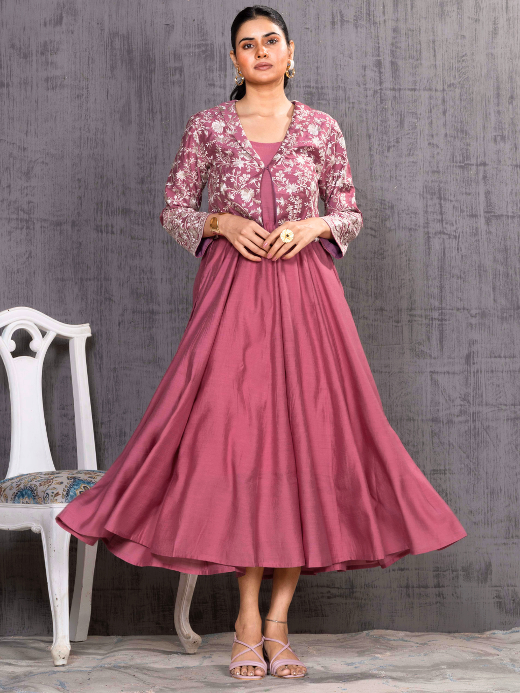Rose Parsi Gara  Emb Pink Jacket With Dress Set