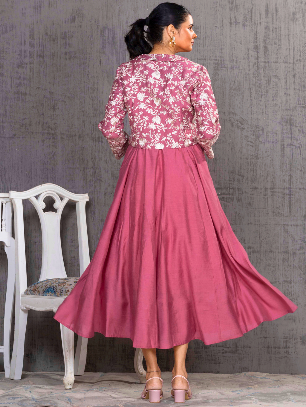 Rose Parsi Gara  Emb Pink Jacket With Dress Set