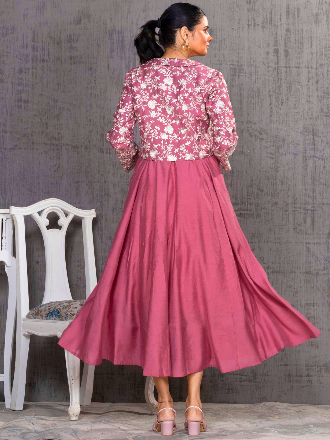 Rose Parsi Gara  Emb Pink Jacket With Dress Set