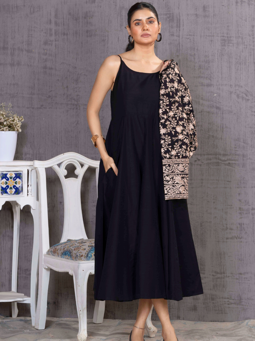 Black Parsi Gara Embroidered Jacket With Dress Set