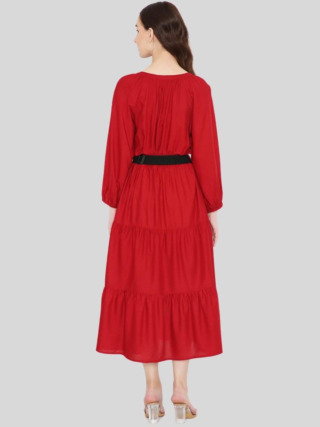 Red Tiered Midi Dress with Elastic Waist Belt