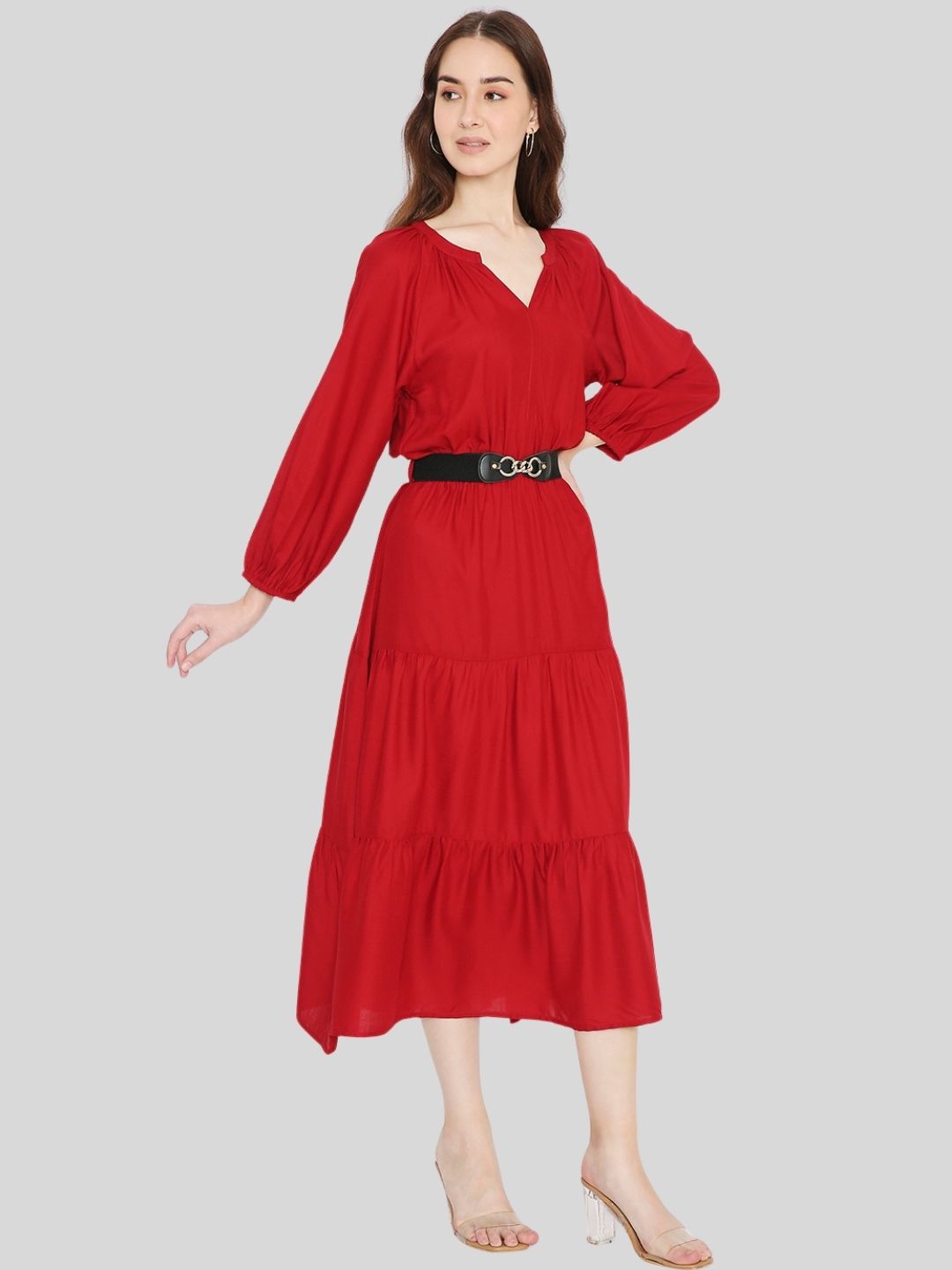 red belt dress Red Midi Dress With Chain Belt Small