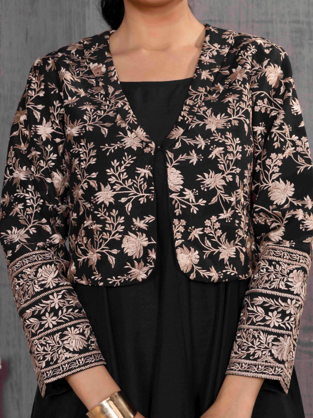 Black Parsi Gara Embroidered Jacket With Dress Set