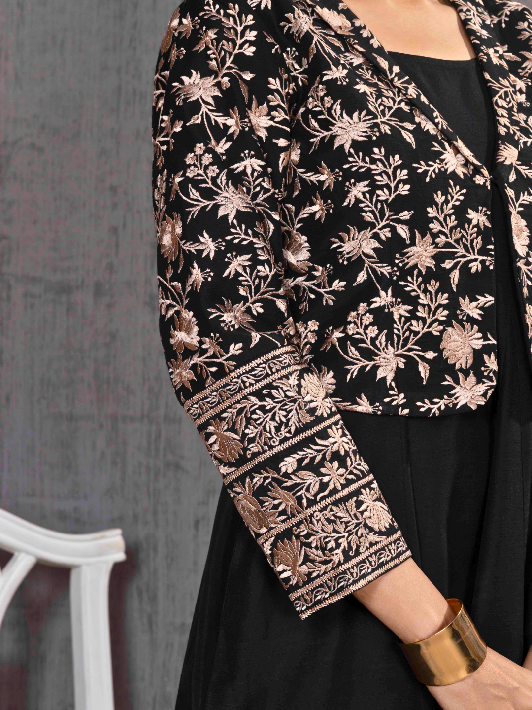 Black Parsi Gara Embroidered Jacket With Dress Set
