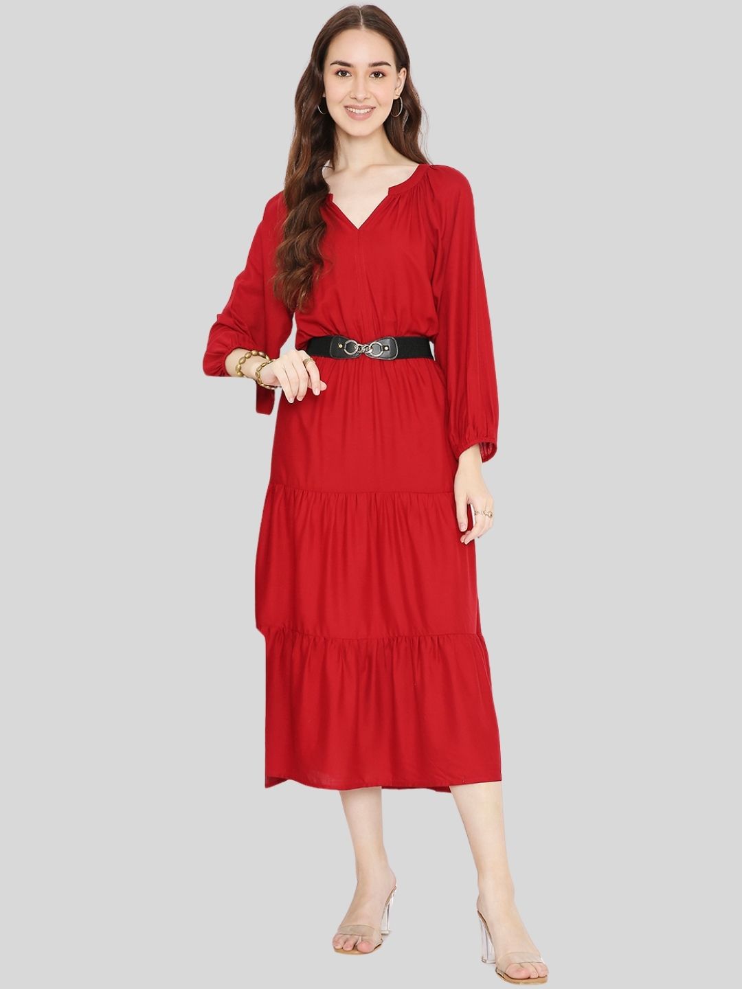 Red Tiered Midi Dress with Elastic Waist Belt