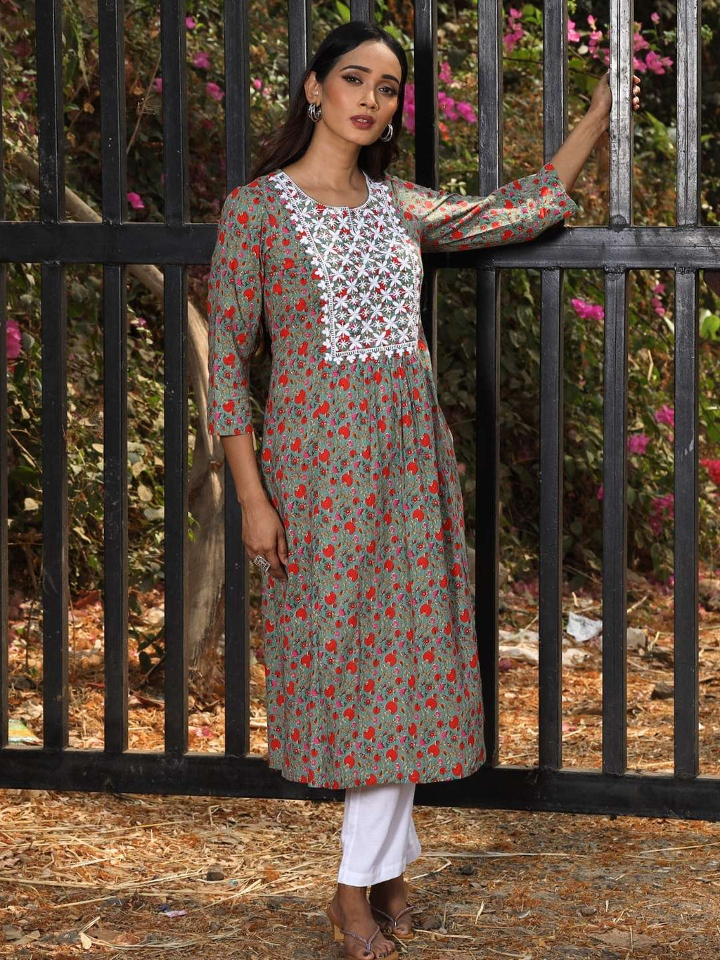 Green Floral Print Kurta with Chikankari Embroidery