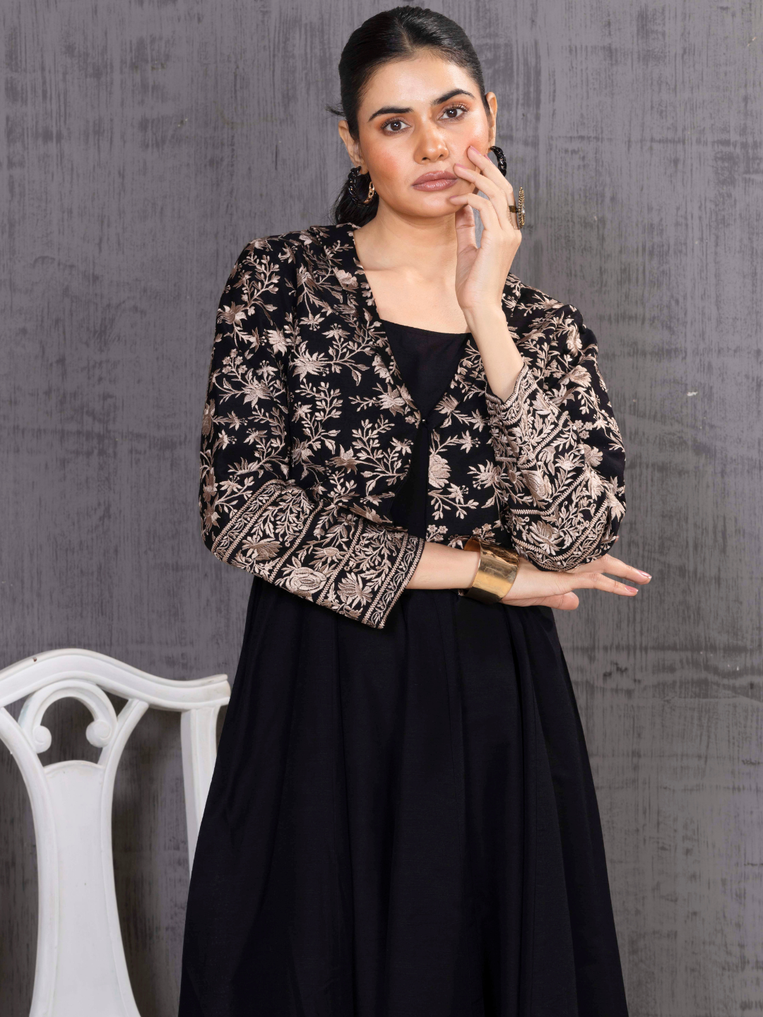 Black Parsi Gara Embroidered Jacket With Dress Set