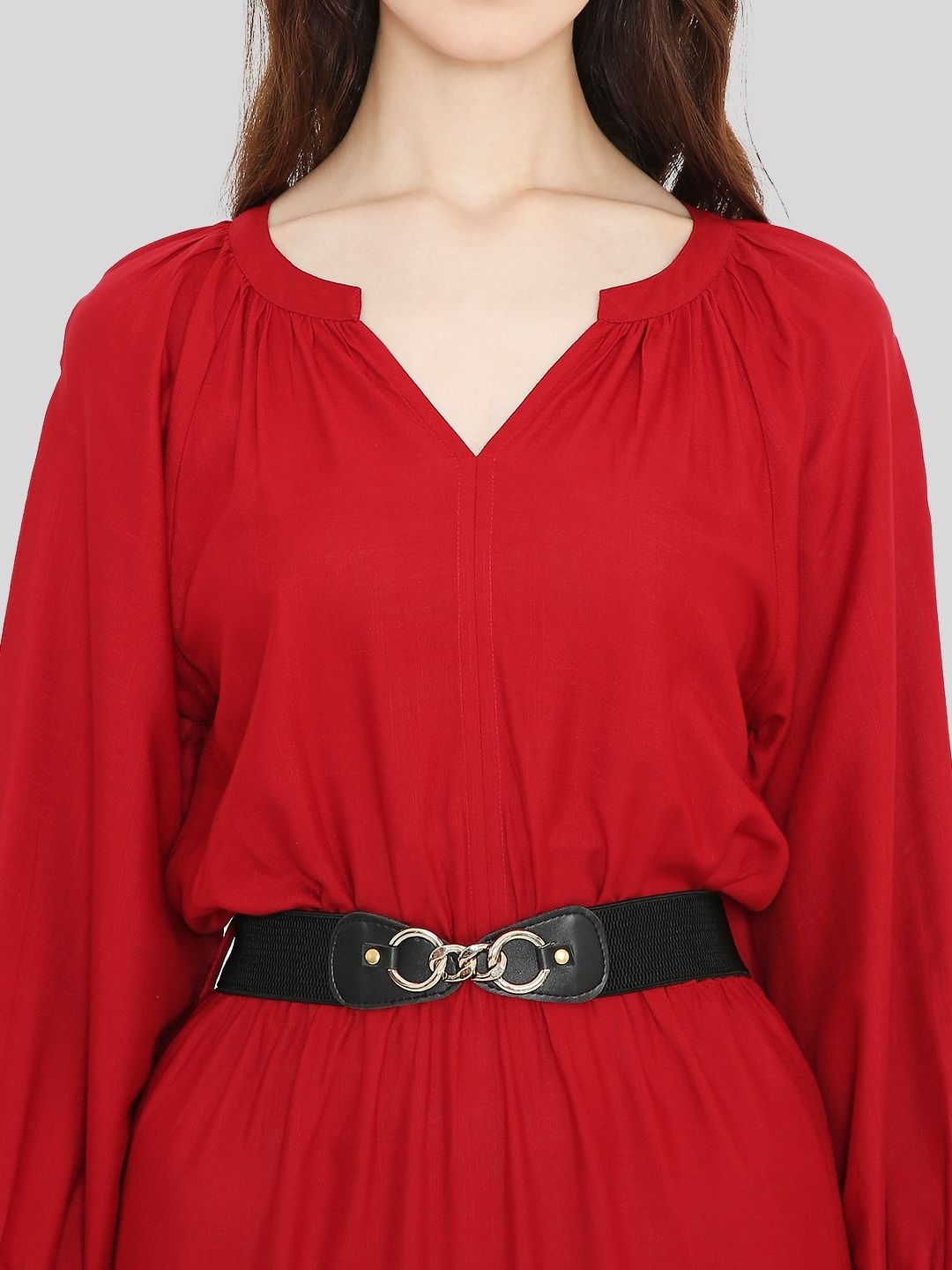 Red Tiered Midi Dress with Elastic Waist Belt