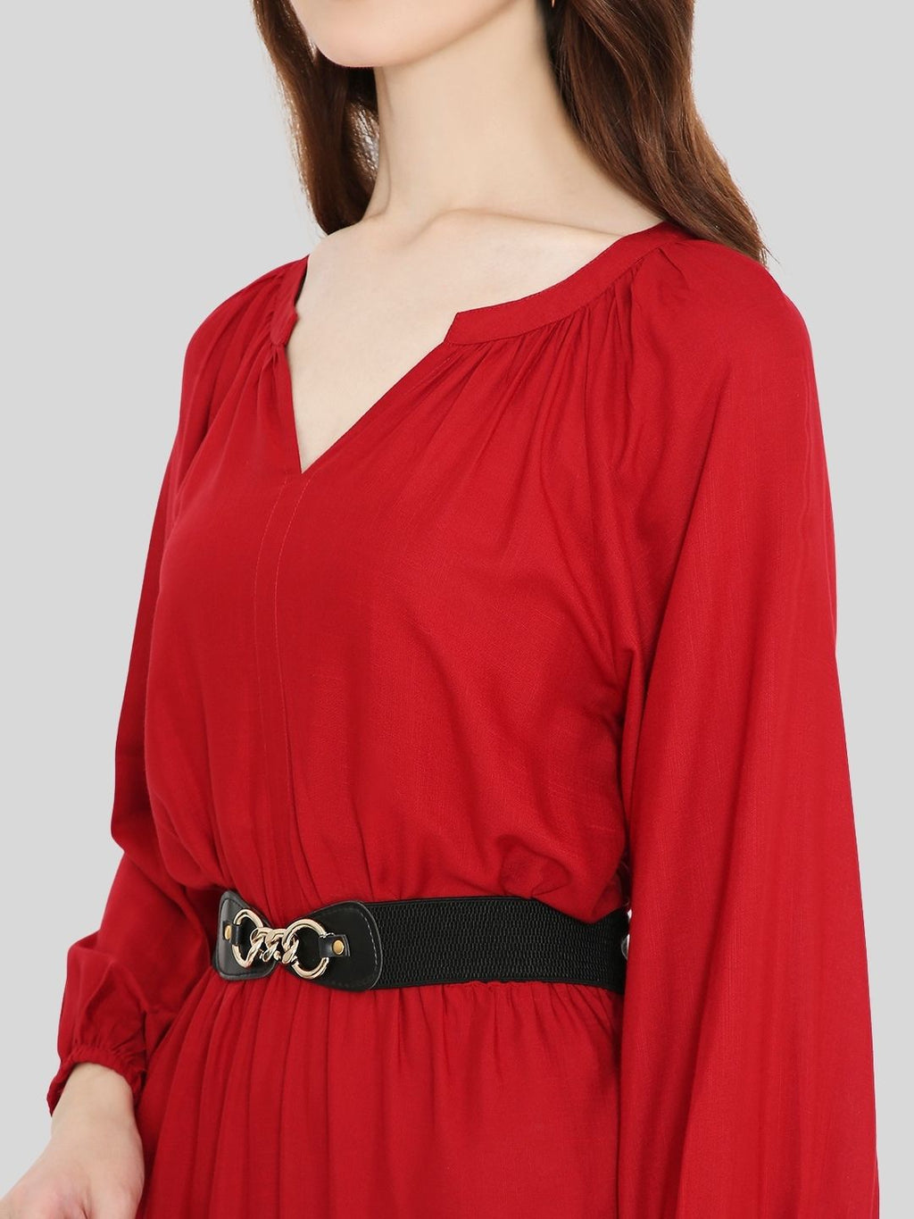 Red Tiered Midi Dress with Elastic Waist Belt