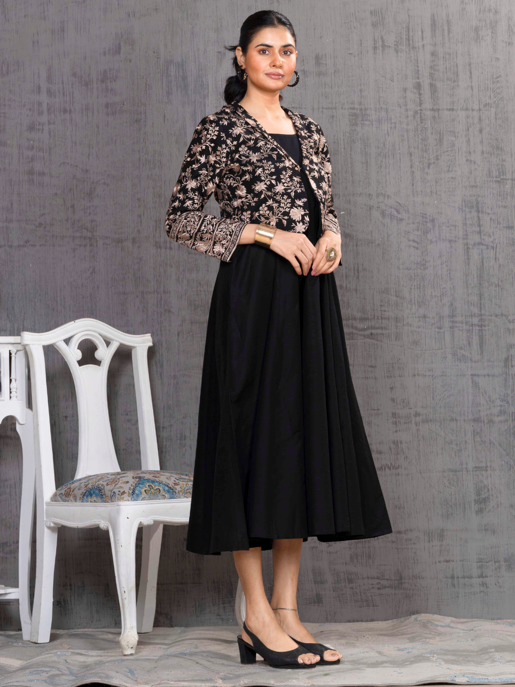Black Parsi Gara Embroidered Jacket With Dress Set