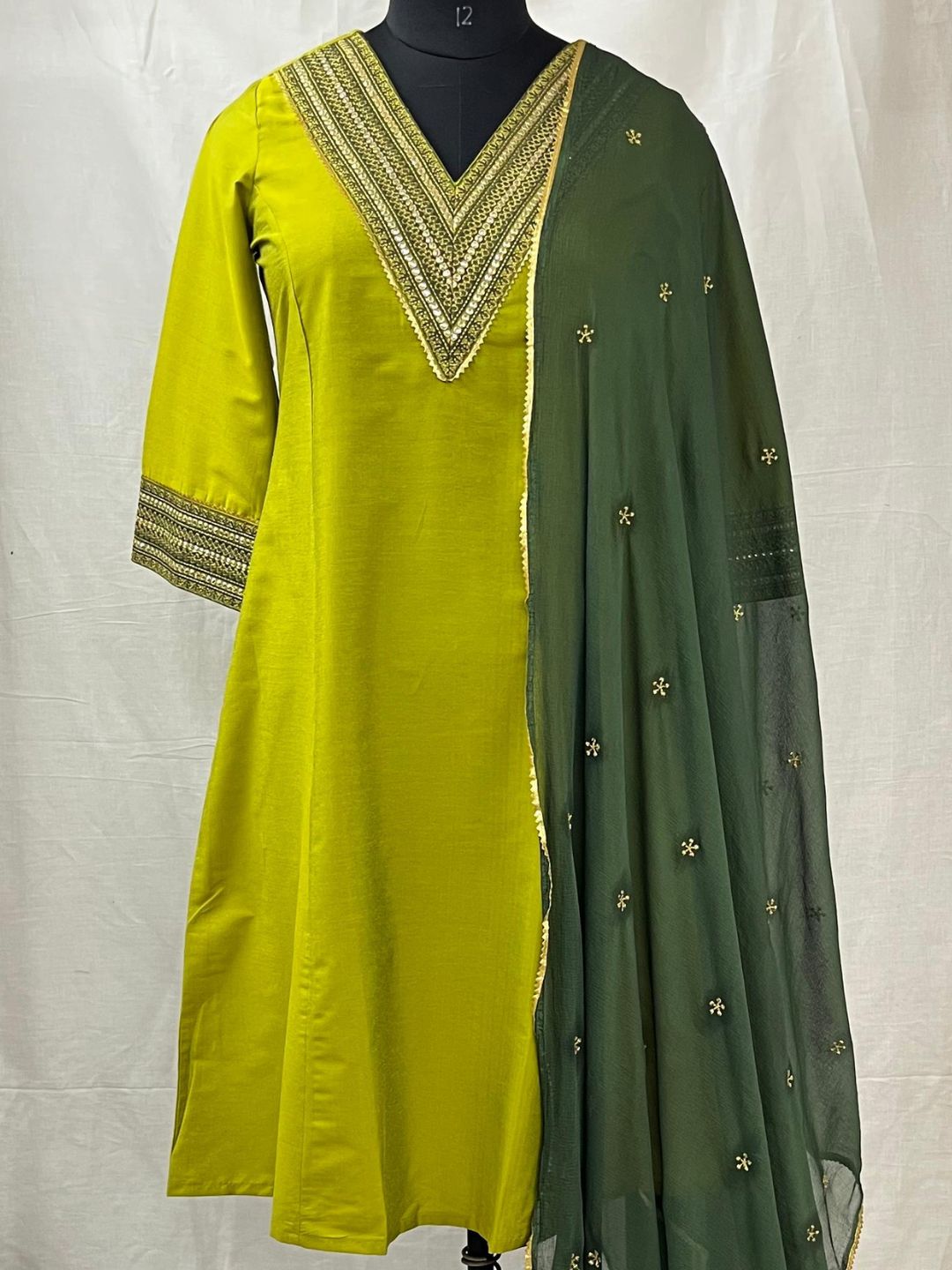 Dark Green Chiffon Dupatta with Lace Inserts