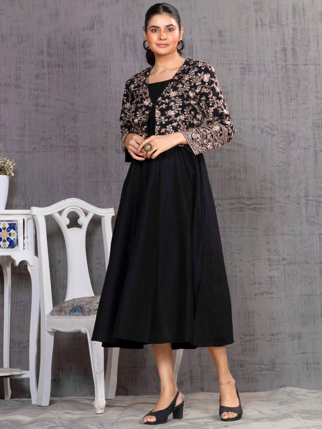 Black Parsi Gara Embroidered Jacket With Dress Set
