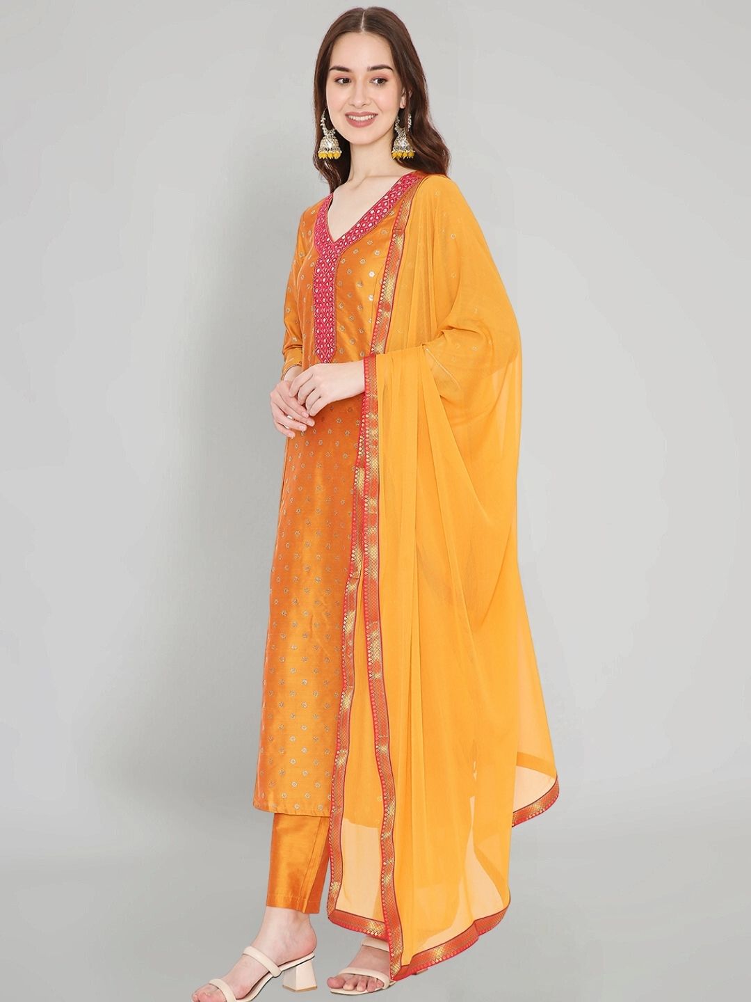 Mustard Art Silk Gold Mukaish Print Kurta Set With Neck Embroidery