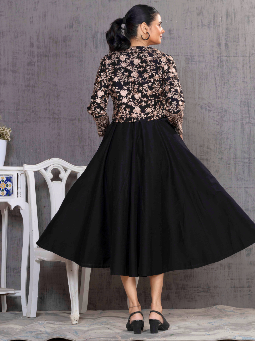Black Parsi Gara Embroidered Jacket With Dress Set