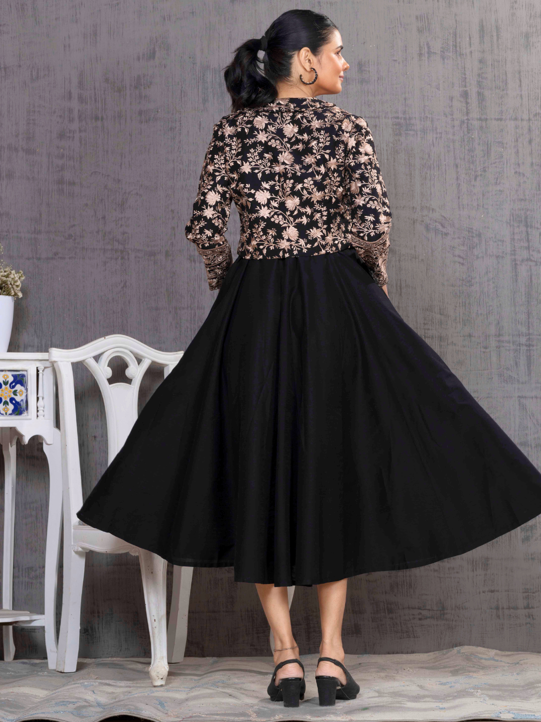 Black Parsi Gara Embroidered Jacket With Dress Set