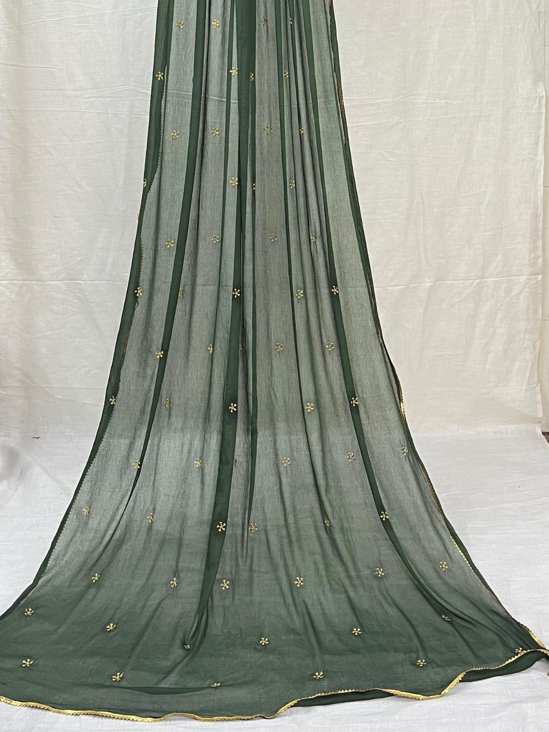 Dark Green Chiffon Dupatta with Lace Inserts