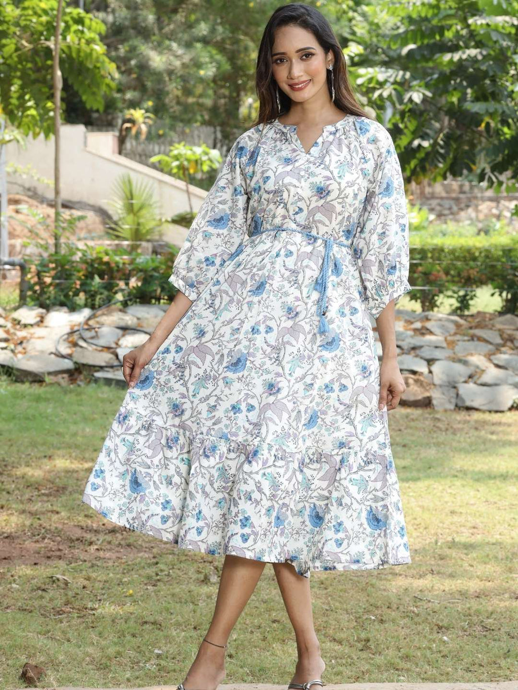 White Tropical Print Boho Midi Dress