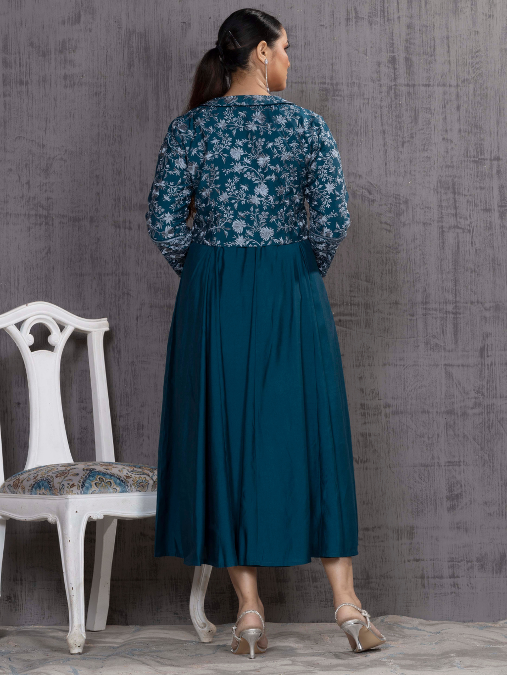Teal Parsi Gara Emb Jacket With Dress Set