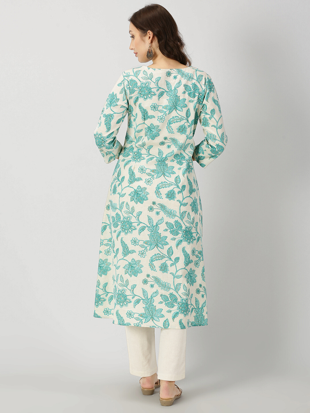 Sea Green Floral Print Kurta with Neck Embroidery