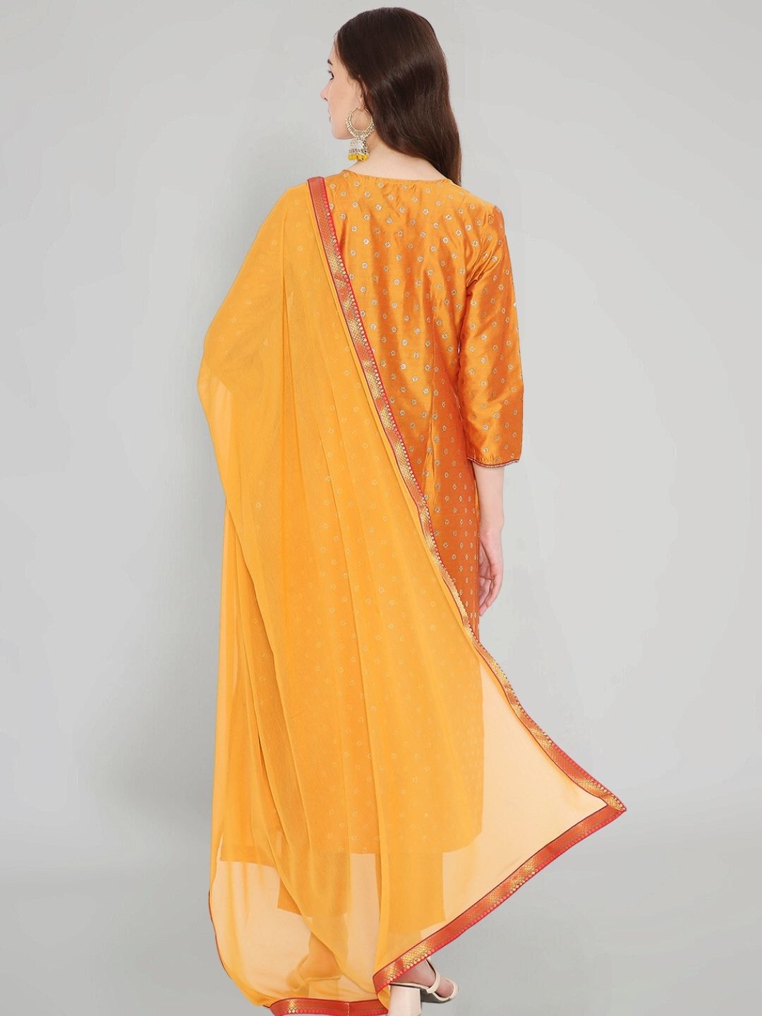 Mustard Art Silk Gold Mukaish Print Kurta Set With Neck Embroidery