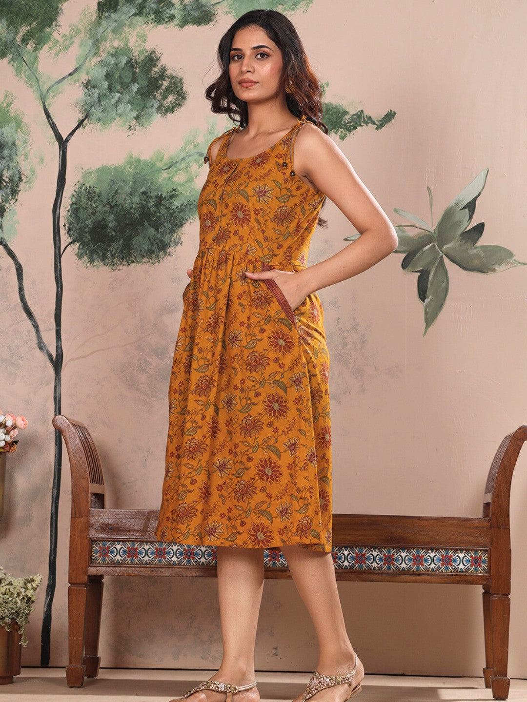 Mustard Ornate Bloom Printed Cotton Fit & Flare Dress