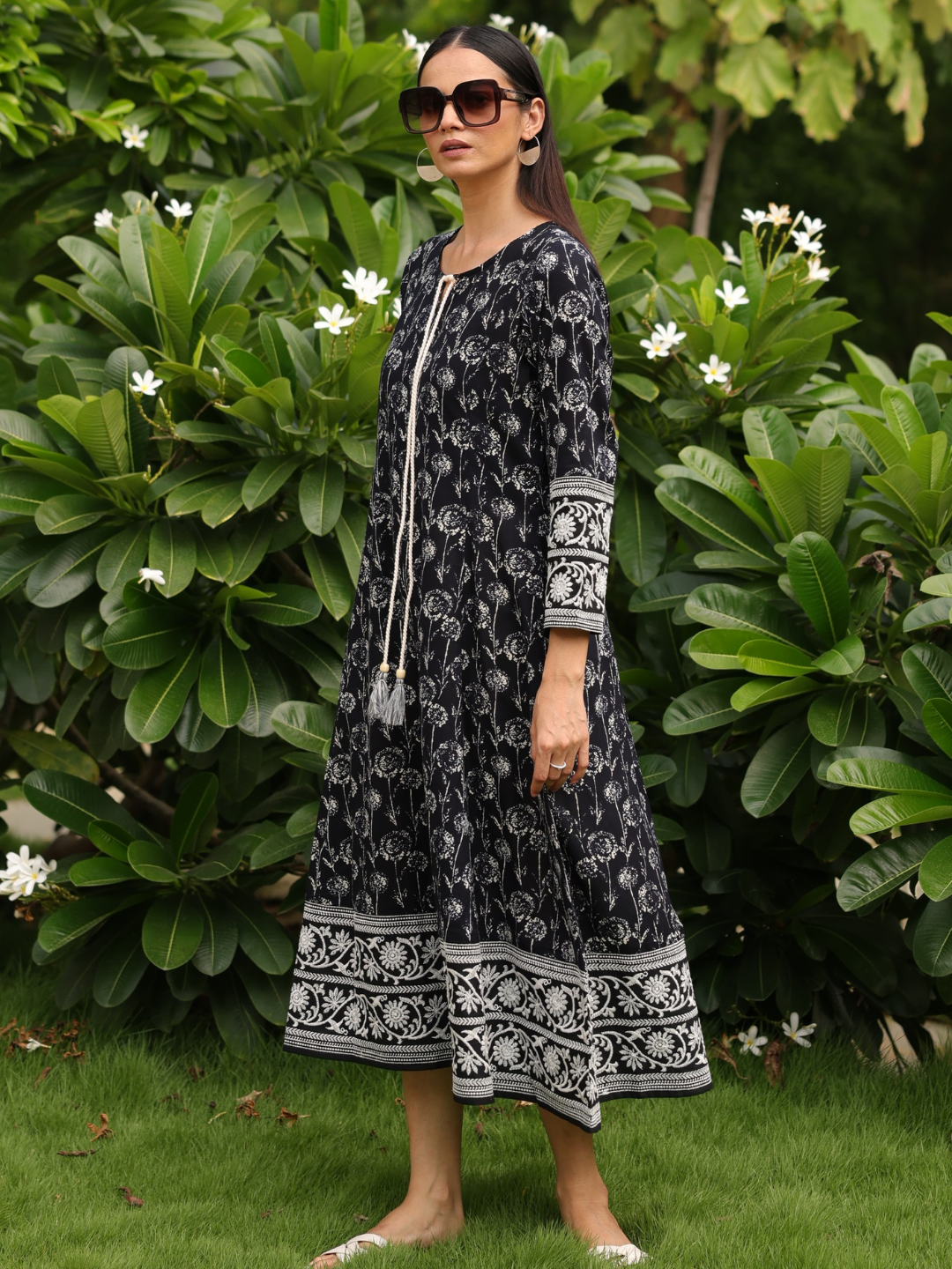 Black Cotton Embroidered Dress with Neck Tie-up