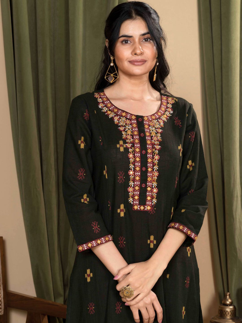 Forest Green Ikat Print Cotton Kurta with Embroidery
