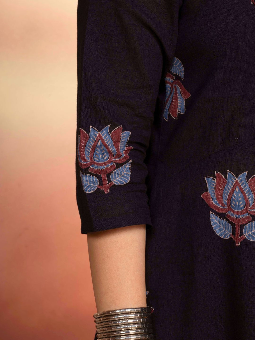 Midnight Black Cotton Motif Print Straight Kurta with Embroidered Neckline