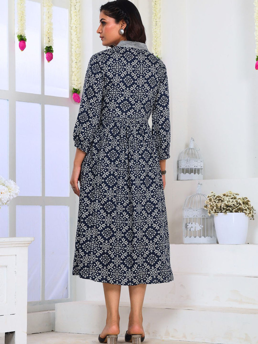 Navy Blue Printed A-Line Dress with Embroidery and Pockets