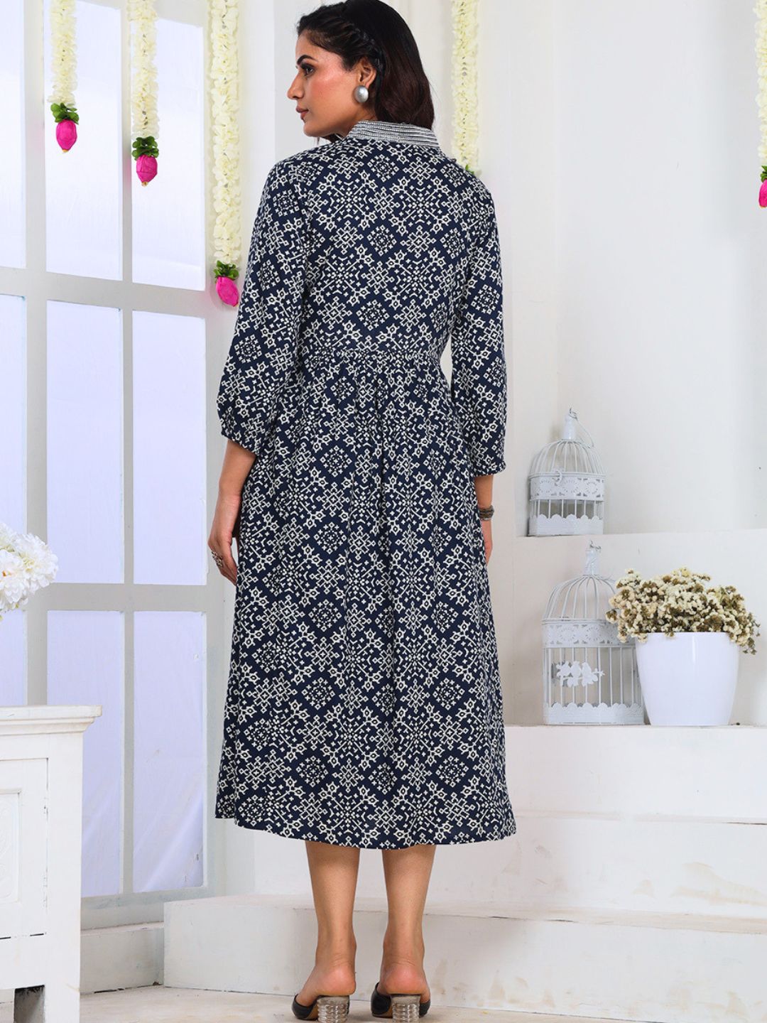 Navy Blue Printed A-Line Dress with Embroidery and Pockets