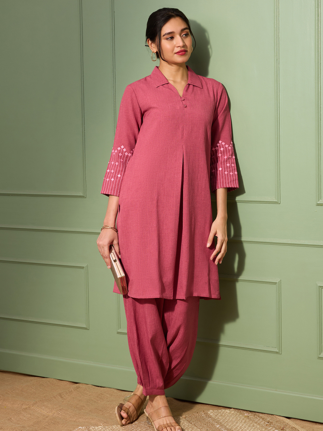 Blush Pink Embroidered Kurta Set with Pleated Pants for Women | Saffron Threads