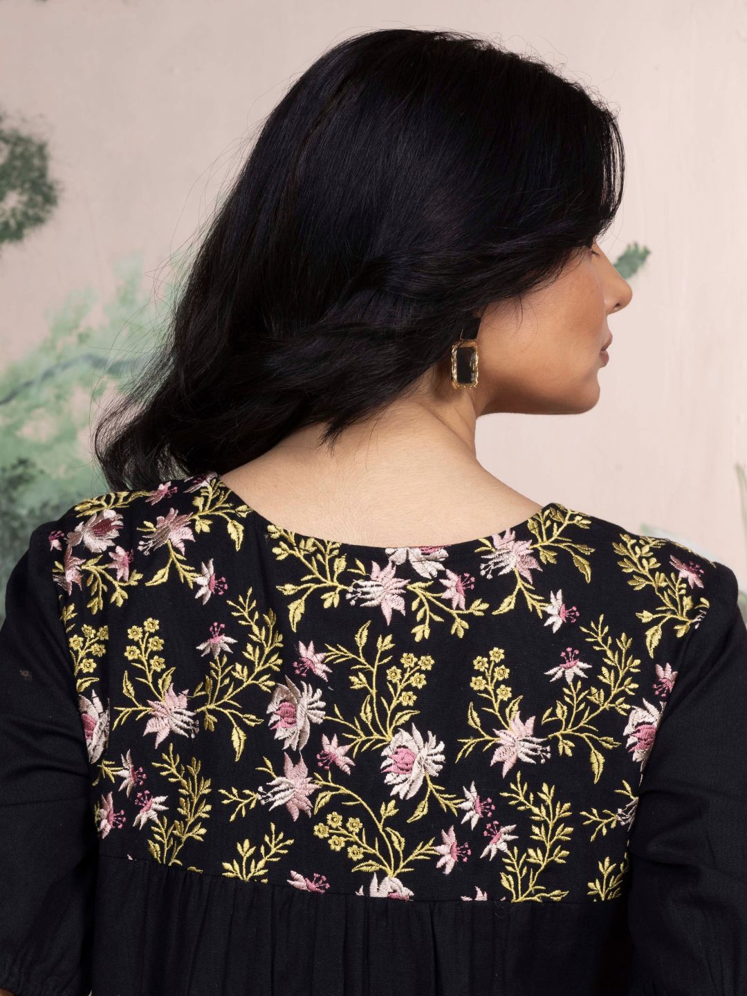 Midnight Black Cotton Linen Dress A-Line with Parsi Gara Inspired Embroidery