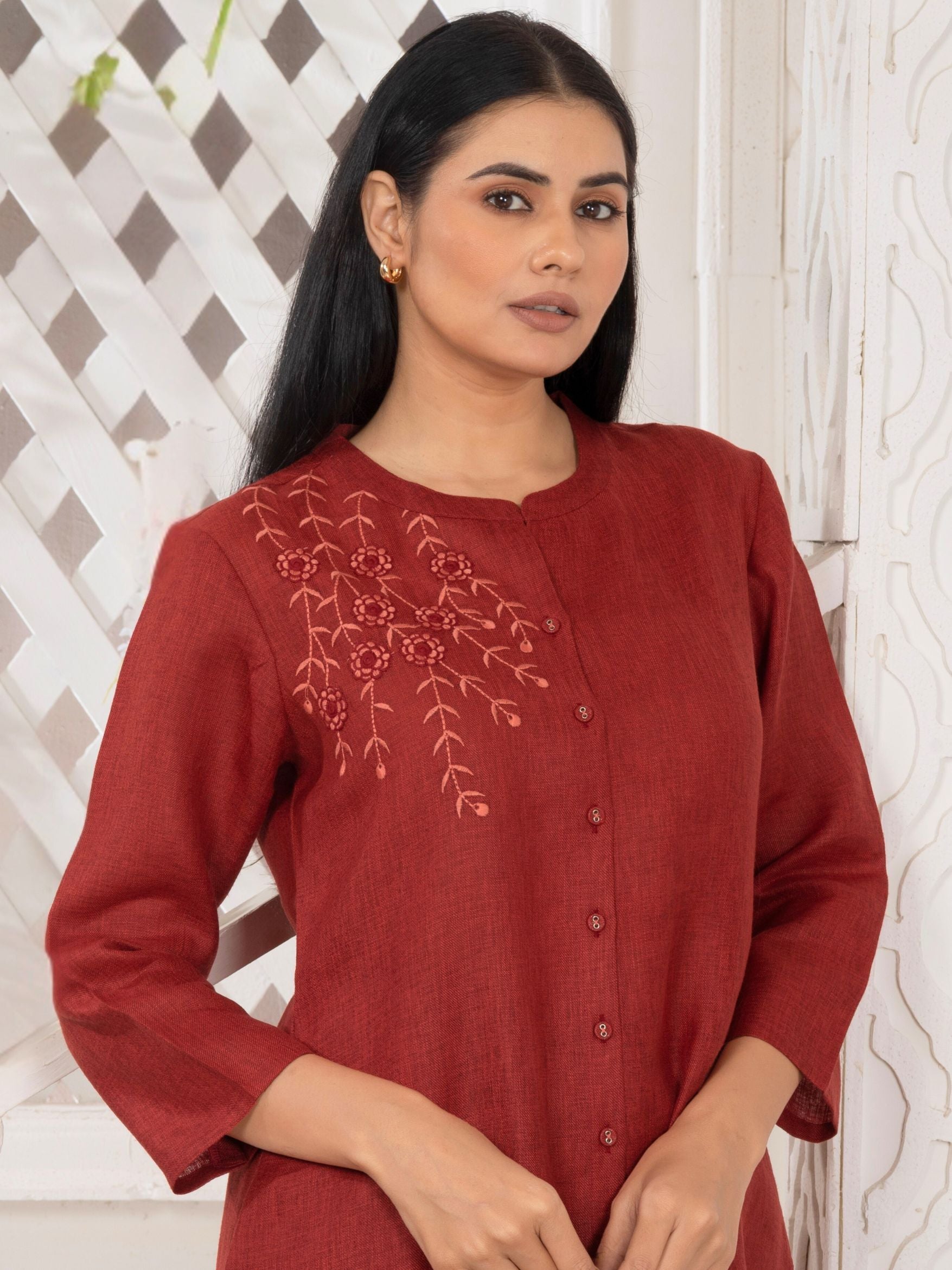 Auburn Red Vine-Trail Button-Down Kurta