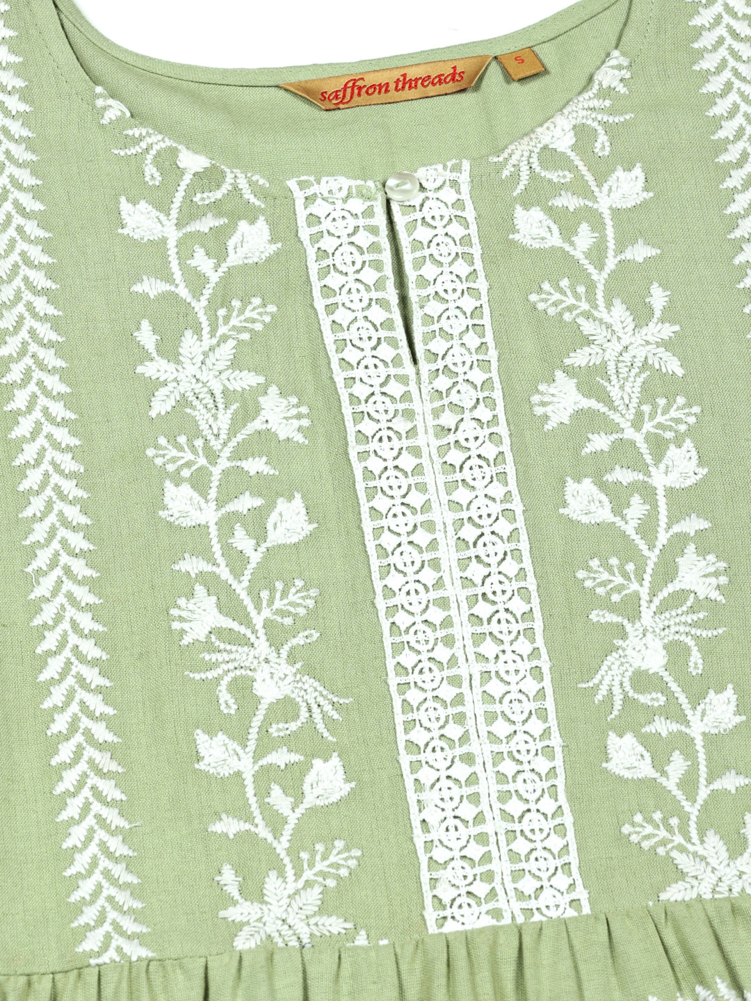 Pastel Green Boho Embroidered Midi Dress