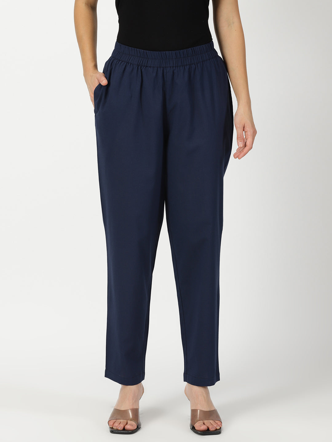 Navy Blue Cotton Straight Fit Slip-on Trouser