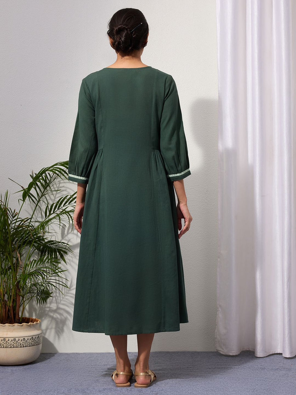 Hunter Green Embroidered Cotton-Linen Dress