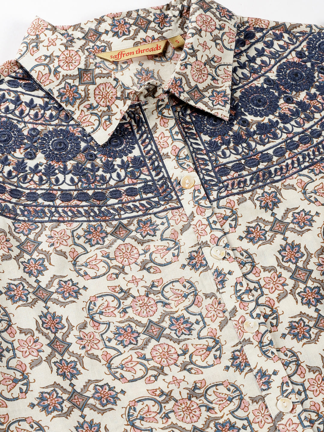 Cream Ethnic Motifs Print Shirt Dress with Yoke Embroidery